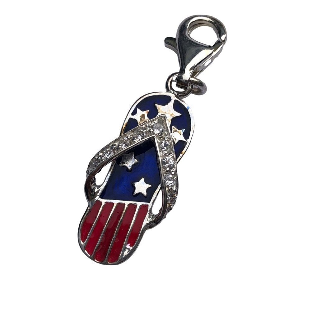 Lillian Vernon Sterling Silver Flip Flop Charm Enamel American Flag July 4th New